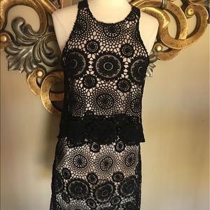 WOMENS BLACK CROCHET WITH NUDE INSERT SKIRT & TOP